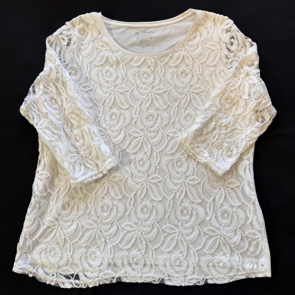 White Floral Lace Top Chico's Size 3 L/XL Boho Romantic Soft Girl Quiet Luxury